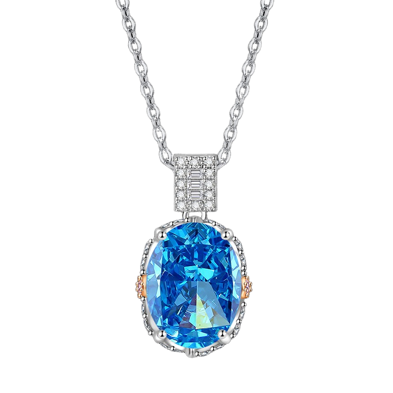 Multicolor Ice Flower Cut Oval CZ Pendant Necklace, Blue & Green 10*14mm 8A Cubic Zirconia, Two-Tone Pave CZ Halo with Pavé Top Frame, Adjustable Chain, Dainty Luxe