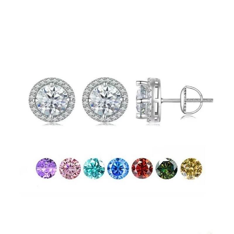 S925 Multicolor Moissanite Round Halo Stud Earrings with Threaded Needle, 8 Color Options, 0.1-3ct D-Grade VVS, Sterling Silver Jewelry for Men Women - FITINY Jewelry
