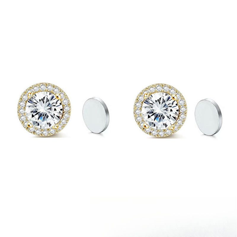Stainless Steel Magnetic CZ Round Halo Stud Earrings for Men Women, Round Cubic Zirconia Inlaid Magnetic Earrings Non-Piercing Clip On Stud Earring - Fitiny
