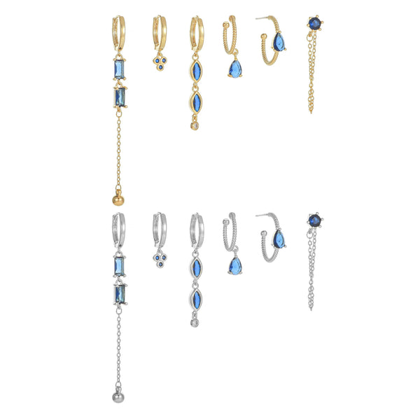 6 Pieces Long Tassel Vintage Earring Set with Micro-Pavé Dazzling Blue Zircons, 18k Gold Plated Ear Studs & Ear Drops, S925 Needle, Stacked Lobe Designs with Dazzling Zirconia