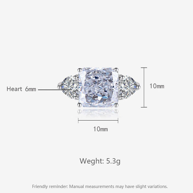 Multicolor Ice Flower Cut Square CZ Adjustable Ring, Blue & Green 10*10mm 8A Main Cubic Zirconia, Two Heart Side CZ, Dainty Luxe