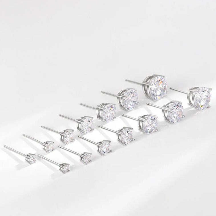 S925 Dazzling Classic 4-Prong CZ Stud Earrings, 2-8mm Round Cubic Zirconia Sterling Silver Earrings, 4 Color Options, Unisex Men Women Daily - Fitiny
