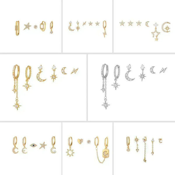 Ensembles de boucles d'oreilles chics étoile et lune, 3 à 6 pièces, créoles pendantes plaquées or 18 carats, aiguille S925, motifs lobes superposés avec zircones éblouissantes