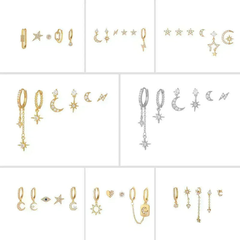 6 Pieces Starry Night Earring Set, 18k Gold Celestial Stud D - Detail View - FITINY Jewelry