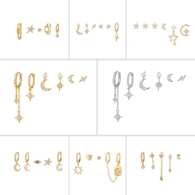 4 Pieces Whimsical Charm Links Earring Set, 18k Gold Hoop with Drops, S925 Needle, Stacked Lobe Designs with Dazzling Zirconia