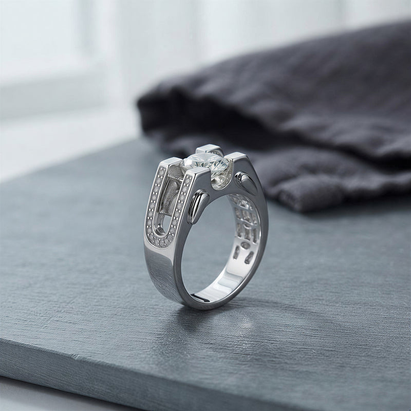 Moissanite Solitaire Ring in 925 sterling silver with platinum plating, 2ct brilliant round cut, on slate
