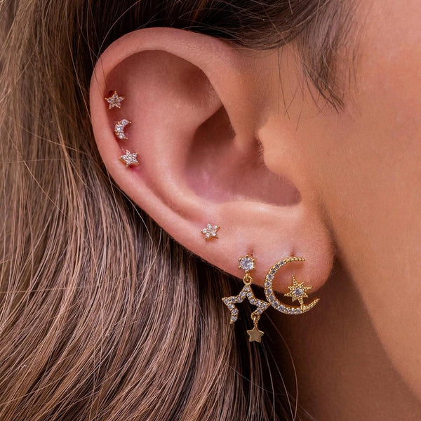 4 Pieces Starry Chain Glow Earring Set, 18k Gold Stud Drop Hoop, S925 Needle, Stacked Lobe Designs with Dazzling Zirconia