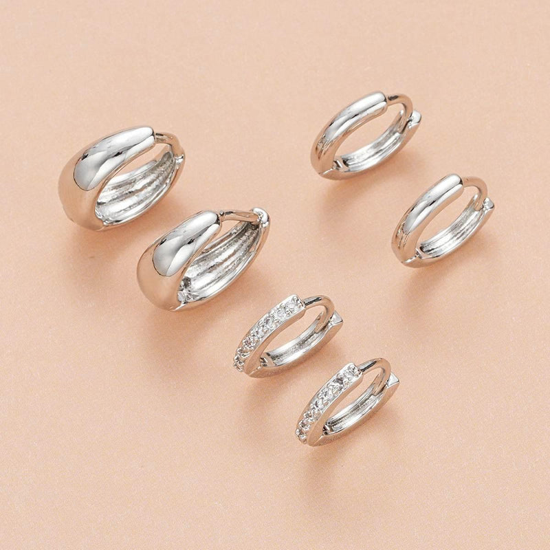 3 Pieces Small Hoop Huggie Earrings Set for Women, Silver St - Front View - FITINY Jewelry