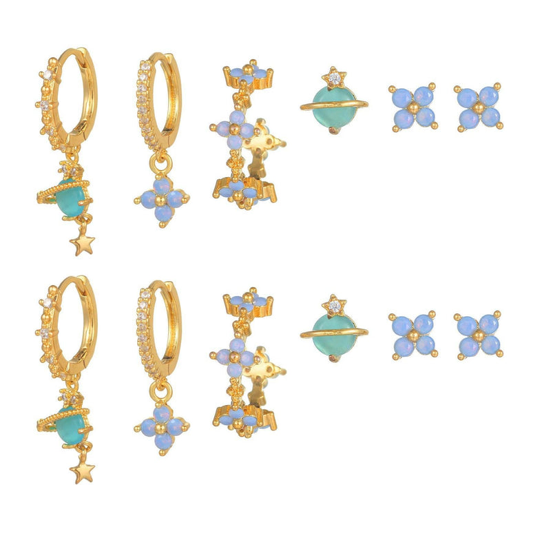 6 Pieces Blue Flower Pierced Earring Set with Zircon, 18k Go - Front View - FITINY Jewelry
