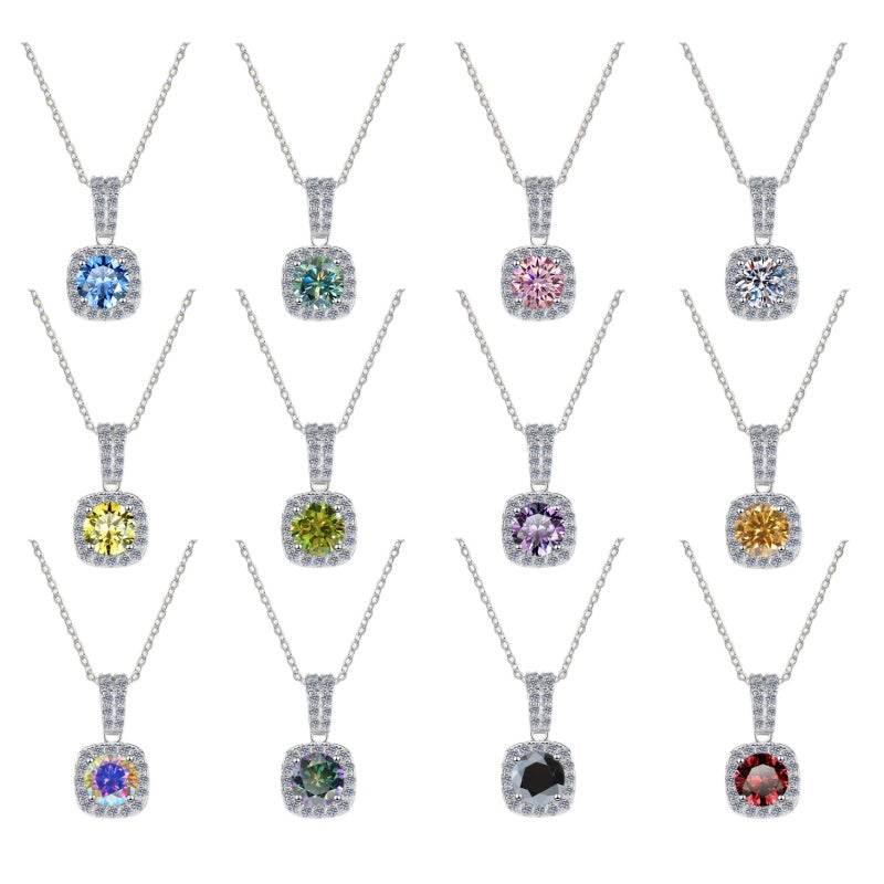 S925 Colorful Moissanite Pendant Necklace with Pavé-Set Halo & Hoop, 1ct D-Grade VVS1 Moissanite in 12 Dazzling Colors with GAR Certification, Sterling Silver Necklace - FITINY Jewelry