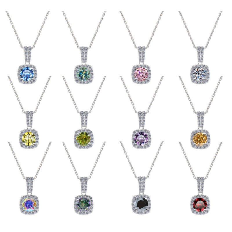 S925 Colorful Moissanite Pendant Necklace with Pavé-Set Halo & Hoop, 1ct D-Grade VVS1 Moissanite in 12 Dazzling Colors with GAR Certification, Sterling Silver Necklace