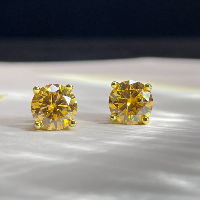 S925 Champagne Gold Moissanite 4-Prong Stud Earrings, 0.5-3ct D-Grade VVS Certificate, Unisex Hypoallergenic Sterling Silver Gift