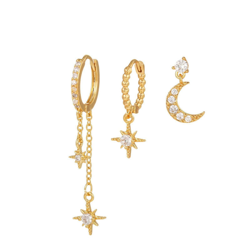 3 Pieces Lunar Starlight Glow Earring Set, 18k Gold and White Gold Stud Drop Hoop, S925 Needle, Stacked Lobe Designs with Dazzling Zirconia