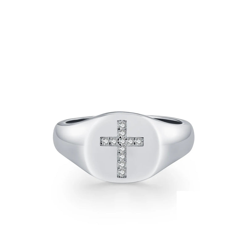 Geometric Cross Signet Ring in Sterling Silver with Moissani - Front View - FITINY Jewelry
