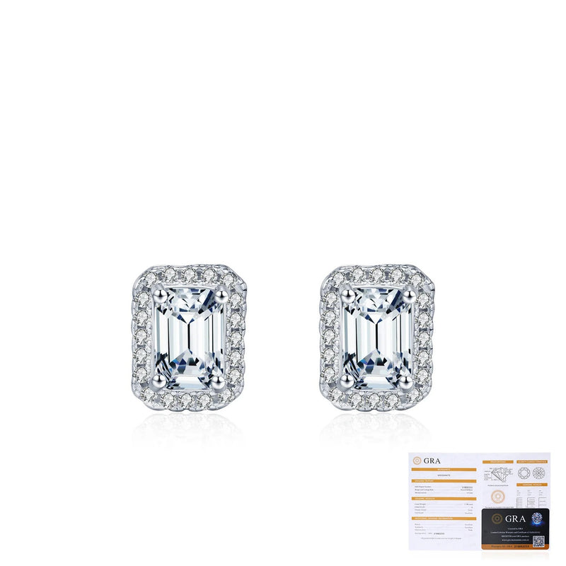 Emerald-Cut Moissanite Stud Earrings in Sterling Silver - Detail View - FITINY Jewelry