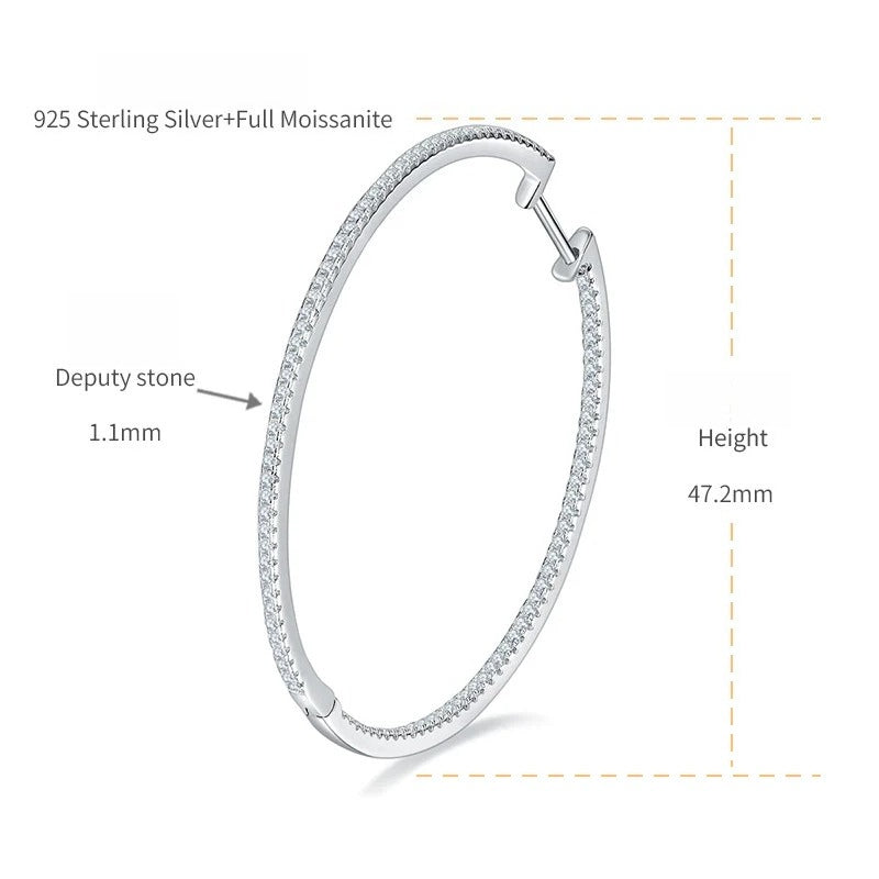 Pendientes de aro sobredimensionados de 50 mm con piedras de moissanite redondas brillantes — Plata de ley 925 de primera calidad