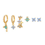 Multi Sets of Blue Flower Pierced Earrings, 4-6pcs, 18k Gold Plated Stud Drop Hoop Huggie Cuff Chain, S925 Needle, Stacked Lobe Designs with Dazzling Zirconia