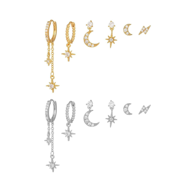 6pcs Celestial Star Moon Earrings Set, S925 Silver Posts, 18 - Front View - FITINY Jewelry