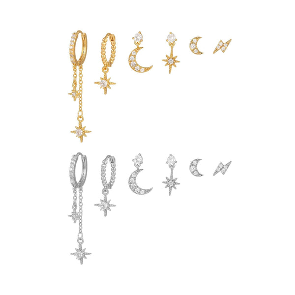 6 Pieces Celestial Star & Moon Earrings, 18k Gold & White Gold Stud Drop Hoop, S925 Needle, Stacked Lobe Designs with Dazzling Zirconia