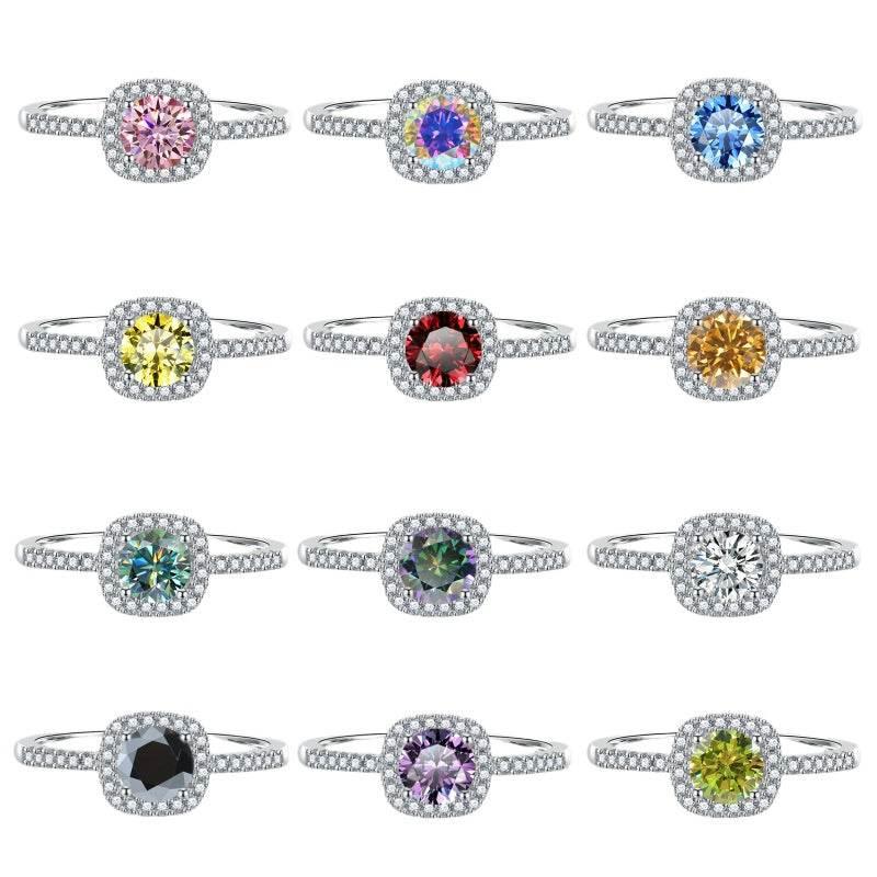 S925 Multicolor Moissanite Cushion Halo Adjustable Rings with Pavé-Set Band & Square Accents, 0.5ct-2ct D-Grade VVS Certificate, 12 Vibrant Colors, Sterling Silver Jewelry - FITINY Jewelry