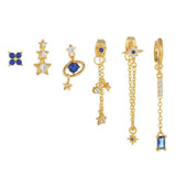 Multi Sets of Blue Flower Pierced Earrings, 4-6pcs, 18k Gold Plated Stud Drop Hoop Huggie Cuff Chain, S925 Needle, Stacked Lobe Designs with Dazzling Zirconia