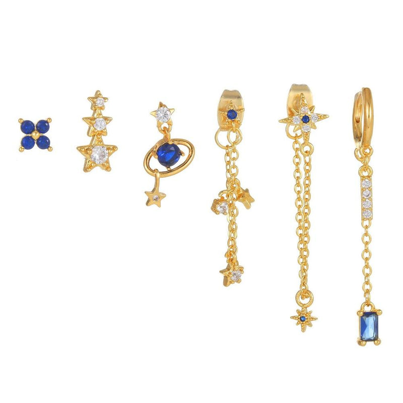 Multi Sets of Blue Flower Pierced Earrings, 4-6pcs, 18k Gold Plated Stud Drop Hoop Huggie Cuff Chain, S925 Needle, Stacked Lobe Designs with Dazzling Zirconia