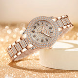 Luxury Women’s Rhinestone Quartz Watch with Diamond-Studded Dial & Bracelet, Elegant Analog Wristwatch for Ladies