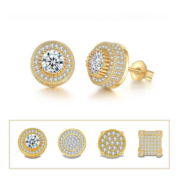 Iced Out CZ 18k Dazzling Stud Earrings, S925 Silver Post, 4 Style Options, Hip Hop Hypoallergenic 4A Cubic Zirconia Bling Studs for Men and Women