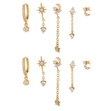 5 Pieces Eight-Pointed Star Earrings Set, 18k Gold Plated Ear Studs & Ear Drops, Stacked Lobe Design with Dazzling Zircon Stones
