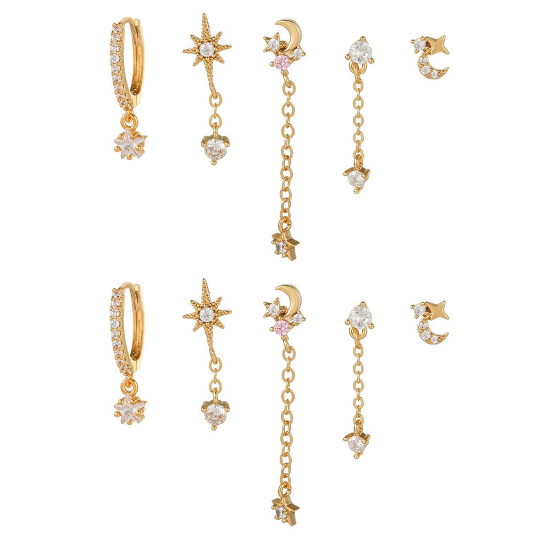 5 Pieces Eight-Pointed Star Earrings Set, 18k Gold Plated Ear Studs & Ear Drops, Stacked Lobe Design with Dazzling Zircon Stones