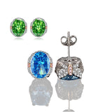 Multicolor Ice Flower Cut Oval CZ Stud Earrings, Blue & Green 7*9mm 8A Cubic Zirconia, S925 Silver Needle, Two-Tone Pave CZ Halo, Dainty Luxe
