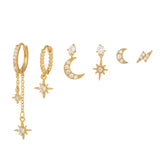 Multi Sets of Chic Star&Moon Earrings, 3-6pcs, 18k Gold Plated Stud Drop Hoop Huggie Cuff Chain, S925 Needle, Stacked Lobe Designs with Dazzling Zirconia