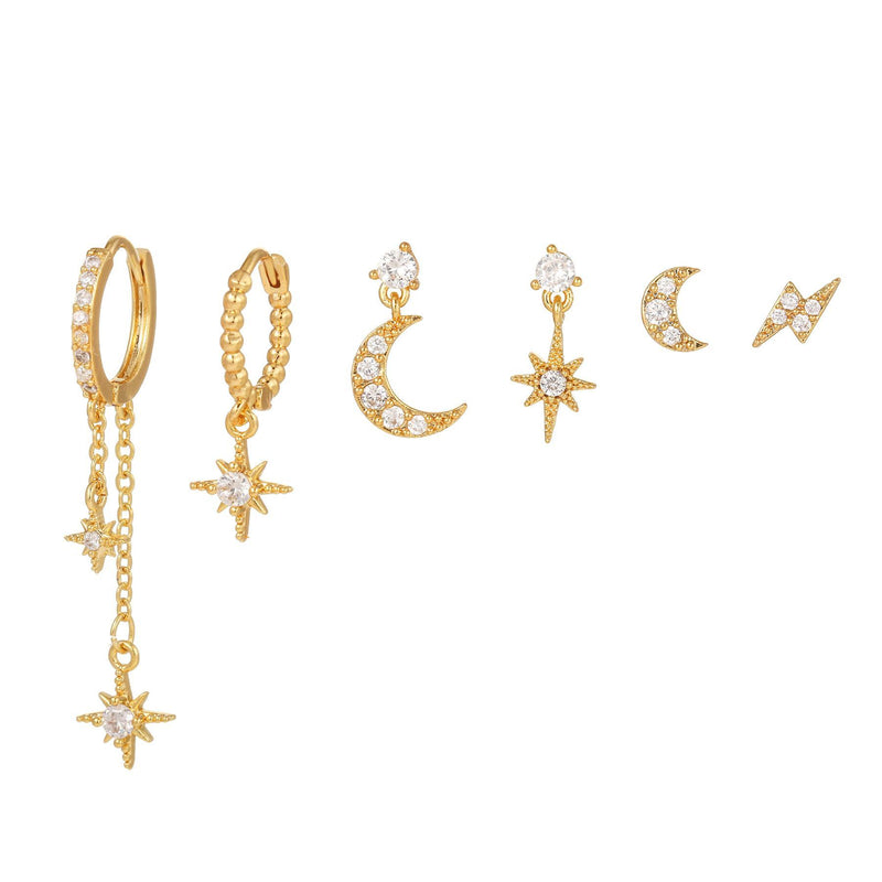 Multi Sets of Chic Star&Moon Earrings, 3-6pcs, 18k Gold Plated Stud Drop Hoop Huggie Cuff Chain, S925 Needle, Stacked Lobe Designs with Dazzling Zirconia