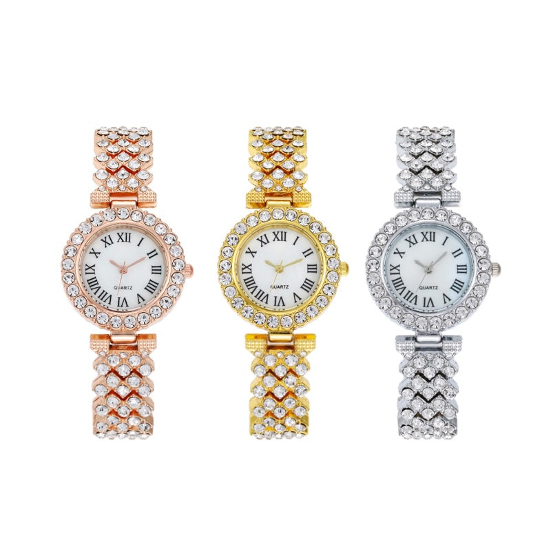 Luxury Women’s Rhinestone Quartz Watch with Diamond-Studded Dial & Bracelet, Shiny Quartz Movement Accurate Time Adjustable Strap Exquisite Electroplated Stainless Luxury Wrist Decoration Watch