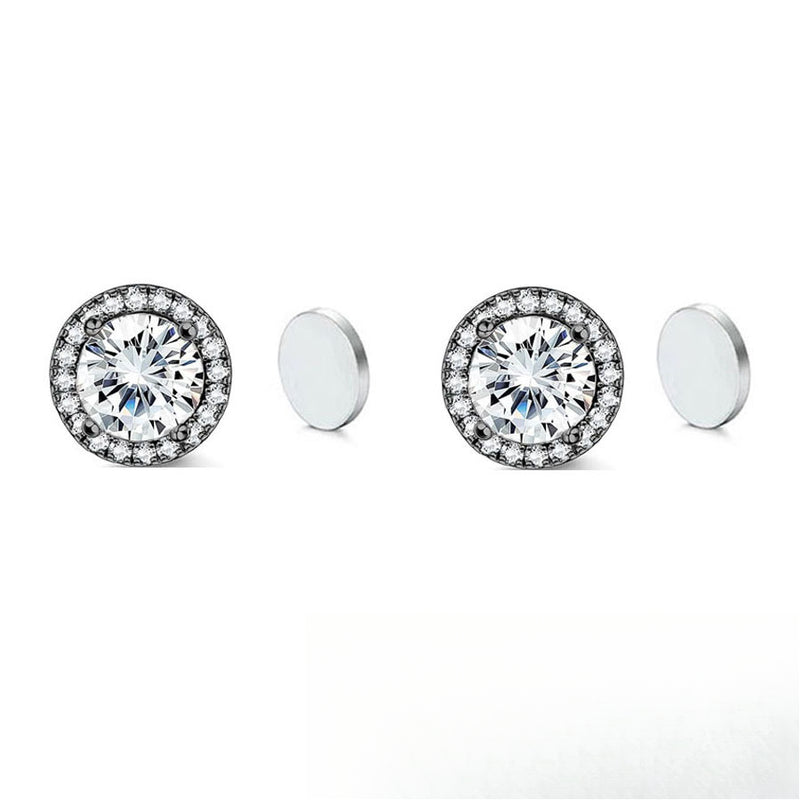 Stainless Steel Magnetic CZ Round Halo Stud Earrings for Men Women, Round Cubic Zirconia Inlaid Magnetic Earrings Non-Piercing Clip On Stud Earring - Fitiny