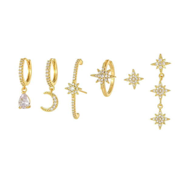 6 Pieces Cosmic Sparkle Earring Set, 18k Gold Hoop Drop, S925 Needle, Stacked Lobe Designs with Dazzling Zirconia