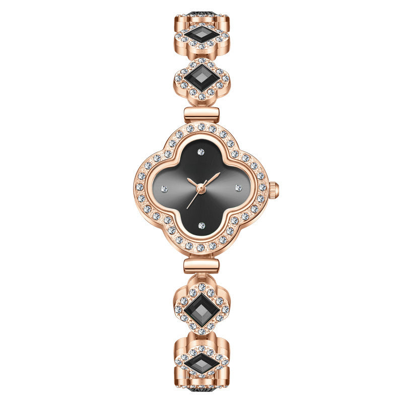 Luxury Women’s Four-Leaf Clover Rhinestone Bracelet Quartz Watch with Diamond-Studded Dial & Bracelet, Elegant Analog Wristwatch for Ladies