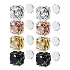 Stainless Steel Magnetic Stud Earrings for Men Women Unisex, 6/8mm 4-Prong Round CZ Inlaid Magnetic Earrings Non-Piercing Clip On Studs - FITINY Jewelry