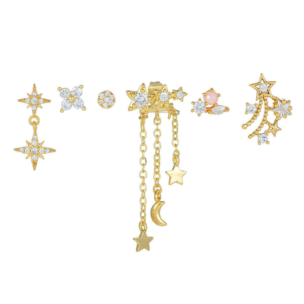 6 Pieces Celestial Bloom Earring Set, 18k Gold Stud Drop, S925 Needle, Stacked Lobe Designs with Dazzling Zirconia