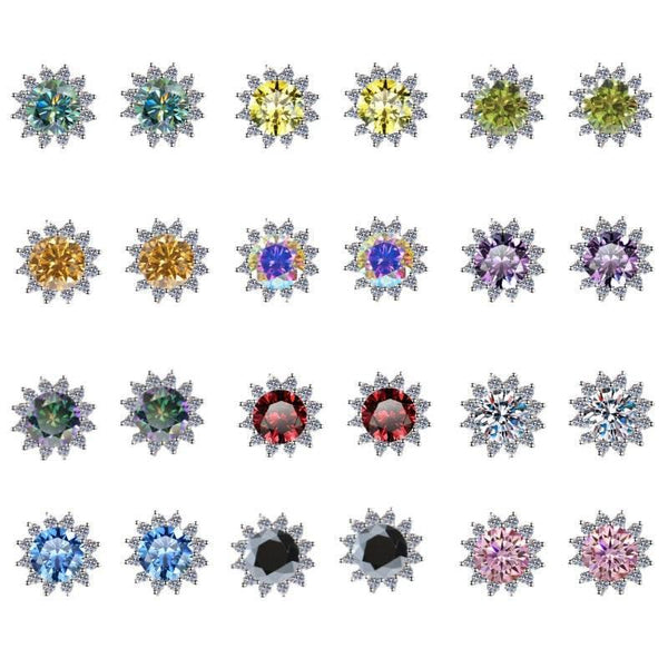 S925 Colorful Moissanite/CZ Sunflower Halo Stud Earrings, 12 Color 0.5ct D-Grade VVS Certificate, Hypoallergenic Sterling Silver Jewelry Gift