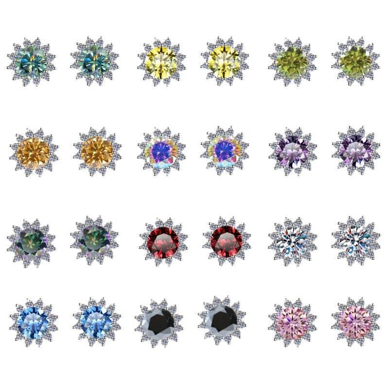 S925 Colorful Moissanite/CZ Sunflower Halo Stud Earrings, 12 Color 0.5ct D-Grade VVS Certificate, Hypoallergenic Sterling Silver Jewelry Gift - FITINY Jewelry