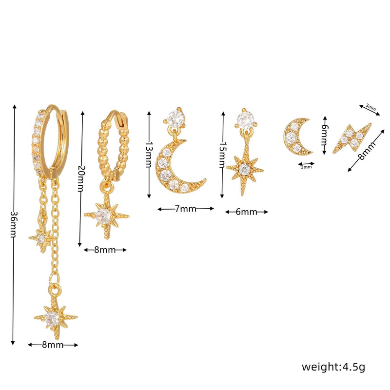 4 Pieces Whimsical Charm Links Earring Set, 18k Gold Hoop with Drops, S925 Needle, Stacked Lobe Designs with Dazzling Zirconia