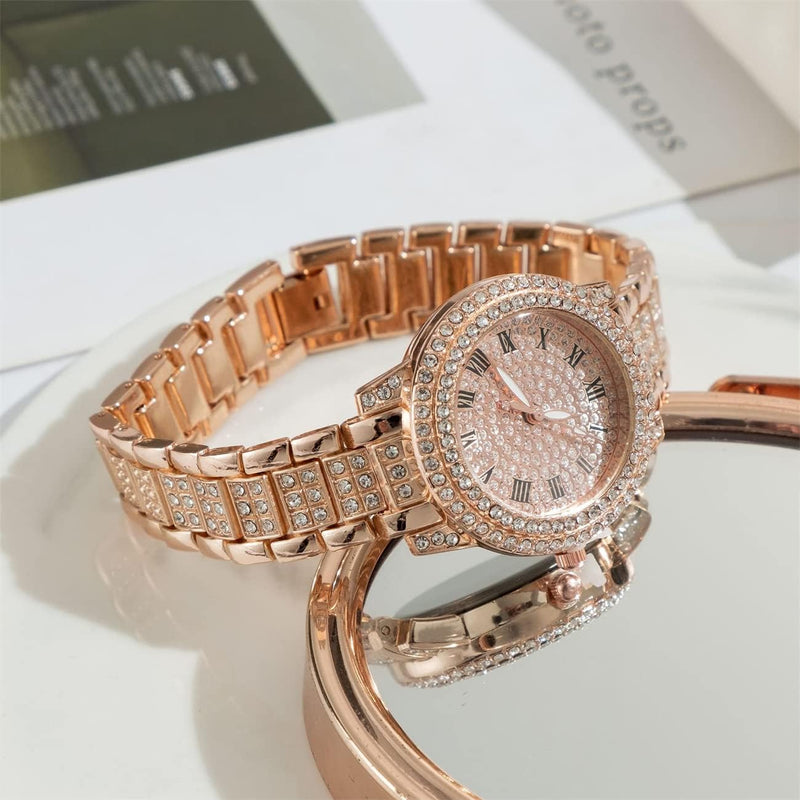 Luxury Women’s Rhinestone Quartz Watch with Diamond-Studded Dial & Bracelet, Elegant Analog Wristwatch for Ladies