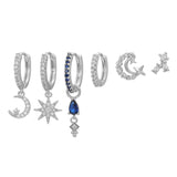 Multi Sets of Blue Flower Pierced Earrings, 4-6pcs, 18k Gold Plated Stud Drop Hoop Huggie Cuff Chain, S925 Needle, Stacked Lobe Designs with Dazzling Zirconia