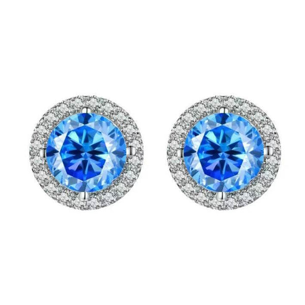 S925 Multicolor Moissanite Round Halo Stud Earrings with Threaded Needle, 8 Color Options, 0.1-3ct D-Grade VVS, Sterling Silver Jewelry for Men Women - FITINY Jewelry