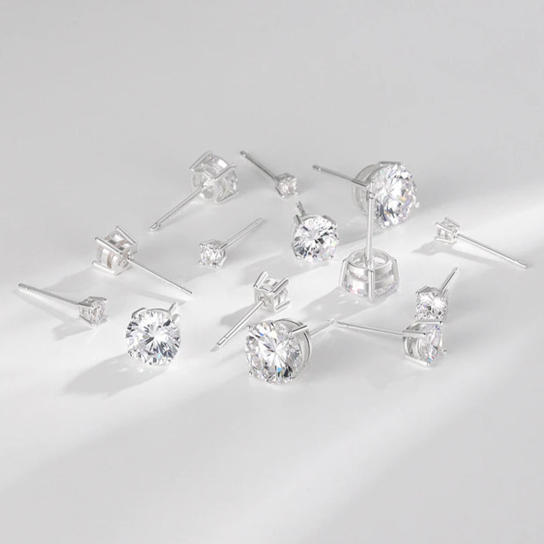 S925 Dazzling Classic 4-Prong CZ Stud Earrings, 2-8mm Round Cubic Zirconia Sterling Silver Earrings, 4 Color Options, Unisex Men Women Daily - Fitiny