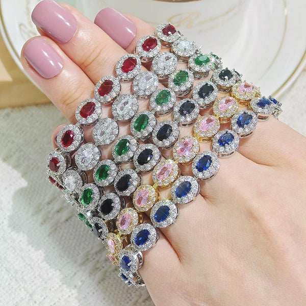 Multicolor Cubic Zirconia Halo Bracelet, Colorful Gemstone Tennis Bracelet, Unique Pattern Jewelry, Gift for Her, Bridesmaid Bracelet - Fitiny