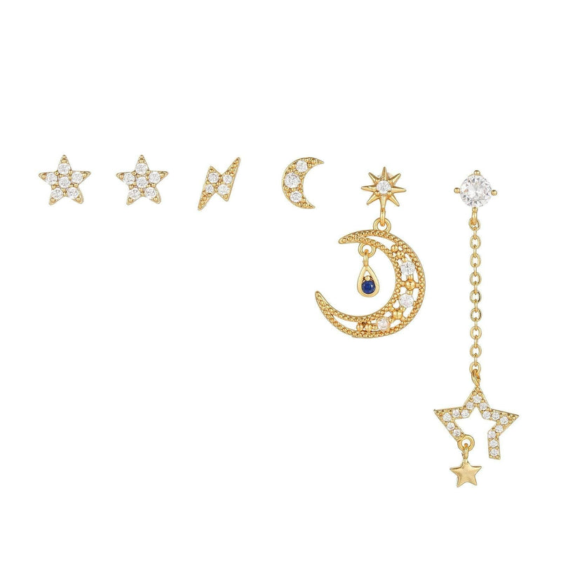 6 Pieces Starry Night Earring Set, 18k Gold Celestial Stud D - Front View - FITINY Jewelry