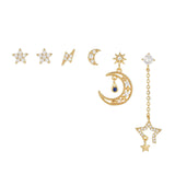 Multi Sets of Chic Star&Moon Earrings, 3-6pcs, 18k Gold Plated Stud Drop Hoop Huggie Cuff Chain, S925 Needle, Stacked Lobe Designs with Dazzling Zirconia