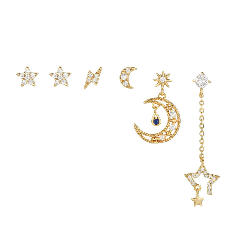 Multi Sets of Chic Star&Moon Earrings, 3-6pcs, 18k Gold Plated Stud Drop Hoop Huggie Cuff Chain, S925 Needle, Stacked Lobe Designs with Dazzling Zirconia